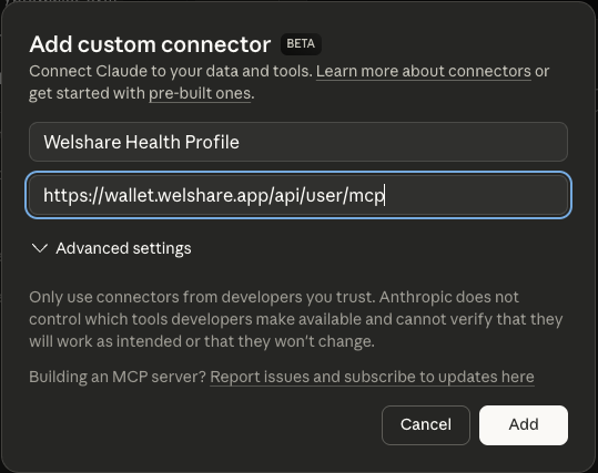 MCP Connector dialog