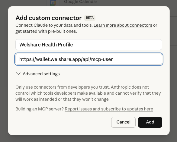 MCP Connector dialog