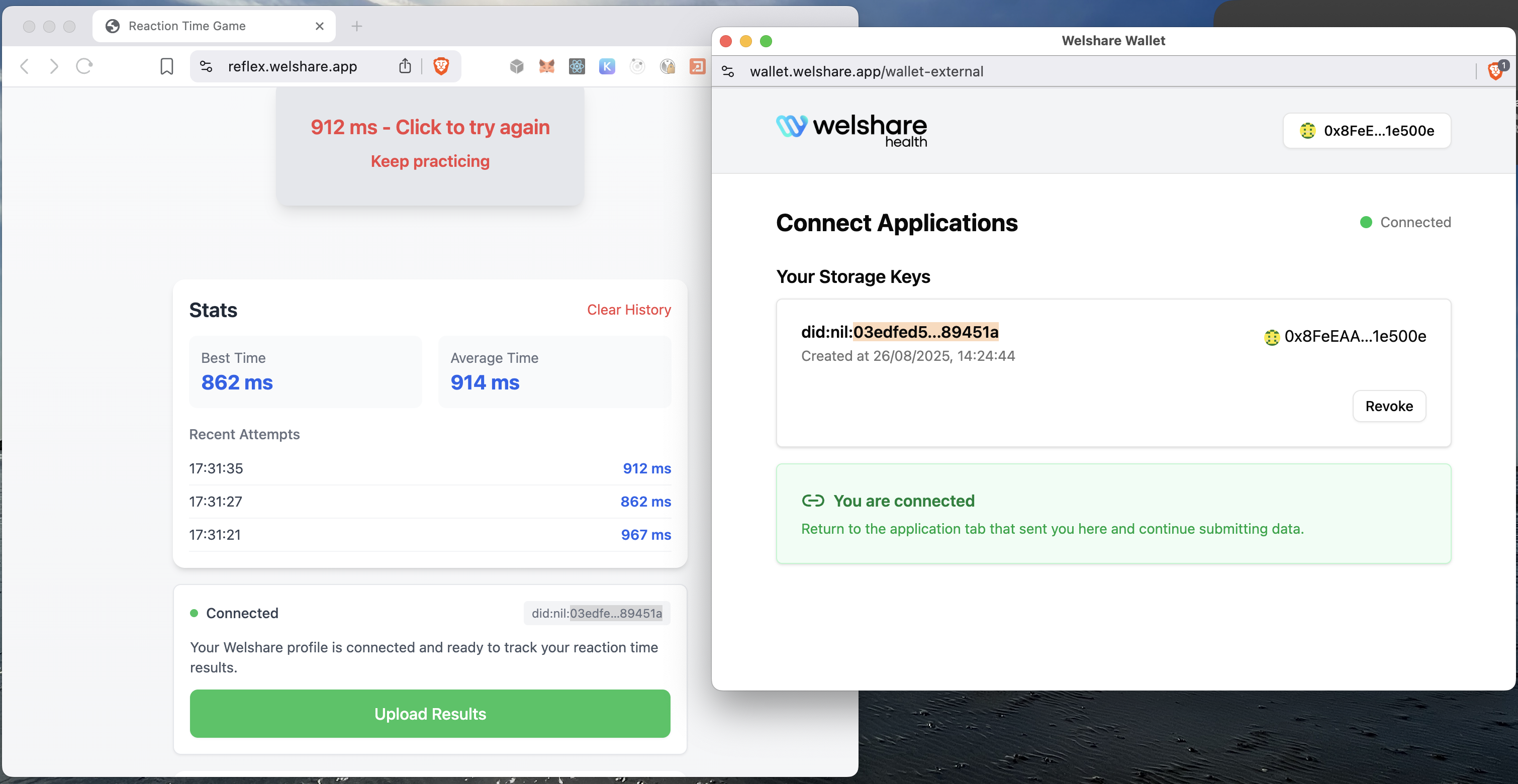 Reflex Demo connected To Welshare Wallet